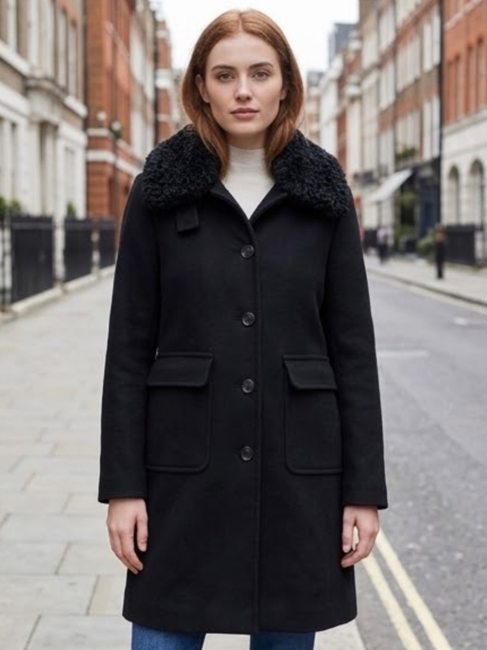 Lauren Ralph Lauren Black Wool-Blend Pea Coat with Faux Fur Collar